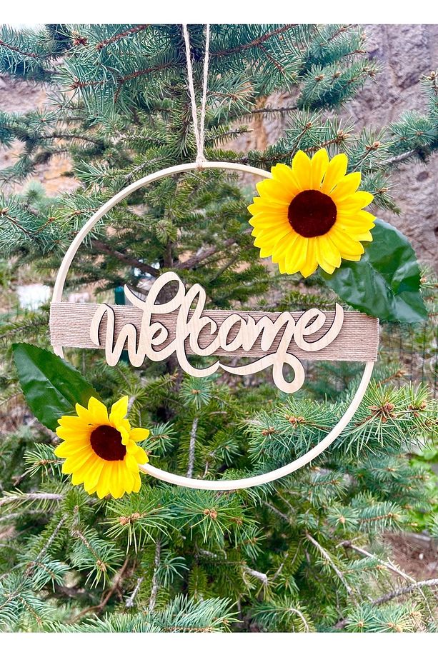 Welcome Ay Çiçekli Ahşap Kapı Süsü - 2