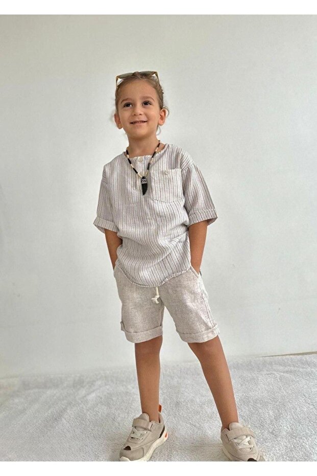Children's Jacquard-Linen Fabric Short-sleeved-Shorts Summer Suit