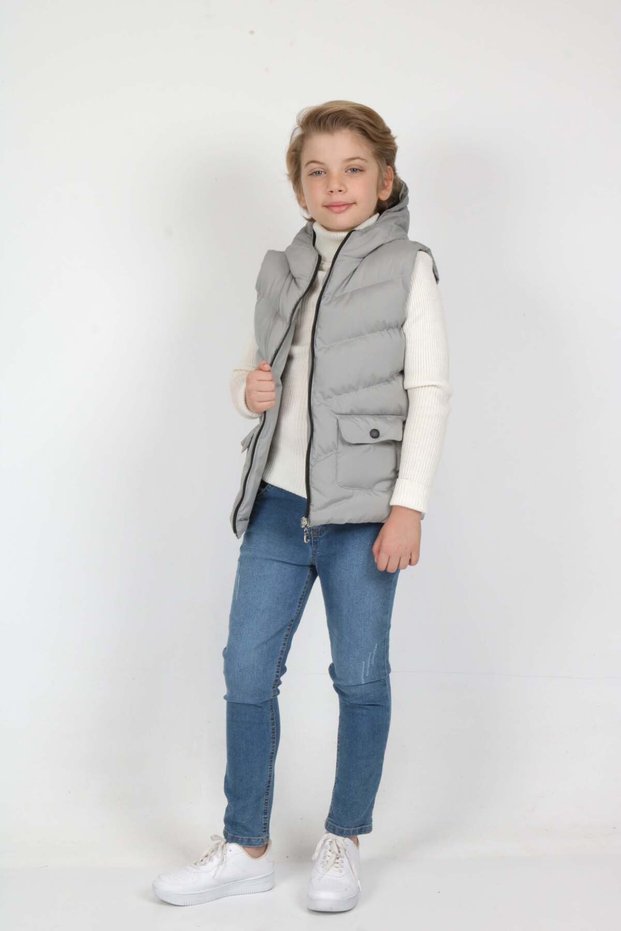Gray Boy's Inflatable Vest with Pocket Detail and Extra Fiber Filling