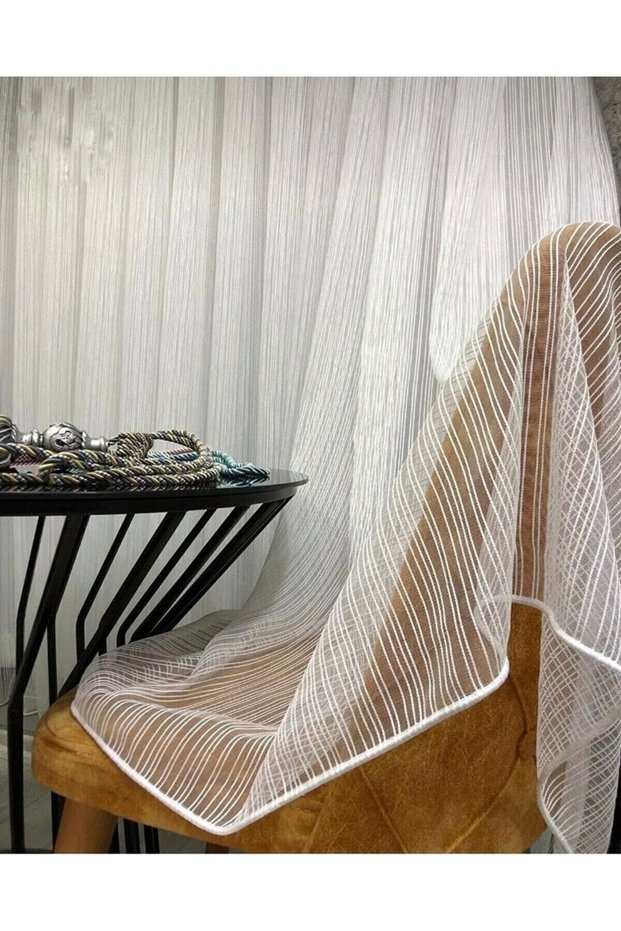 Natural Striped Non-Ironing Tulle Curtain with Tight Pleats