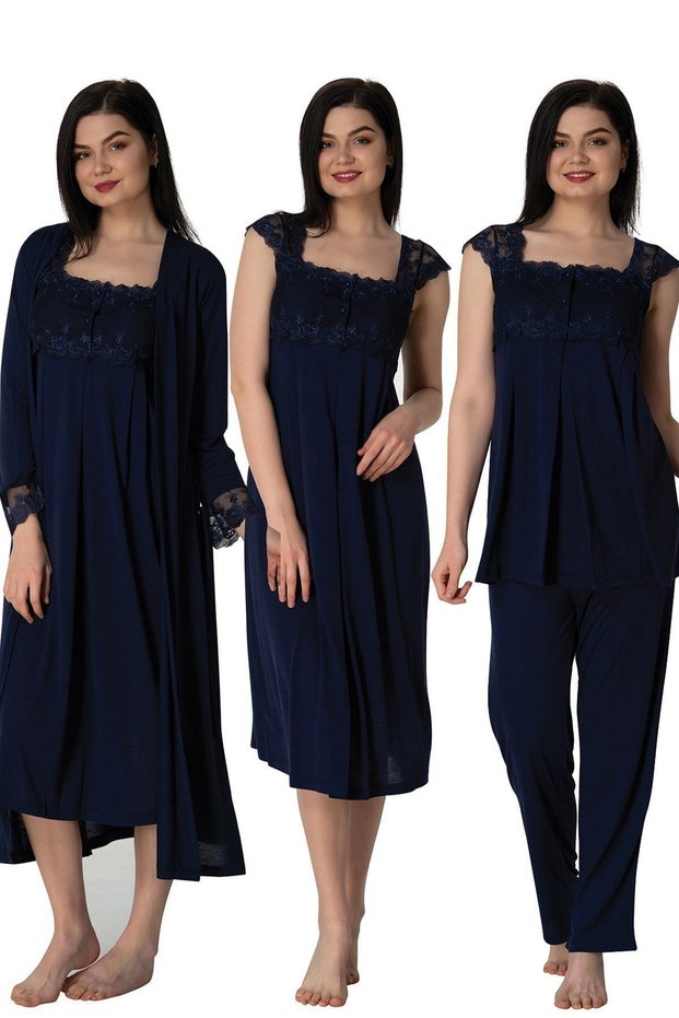 Women's Navy Blue Lacy Cotton Maternity Maternity Dressing Gown Pajamas Set Nightgown 4-Piece Set