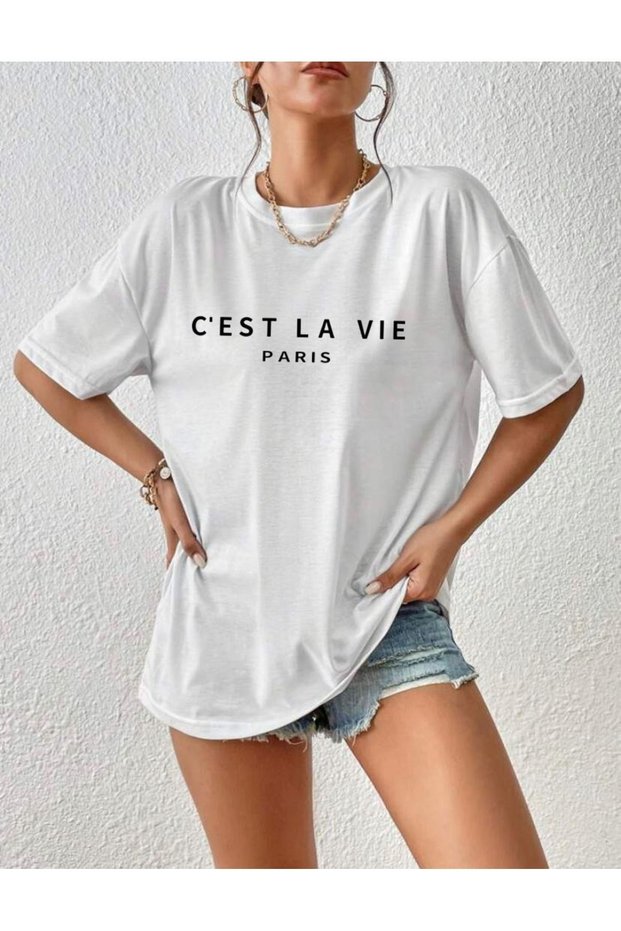C'Est La Vie Paris Written Printed White and Black Oversize T-Shirt-Crew Neck Summer Combed Cotton T-Shirt