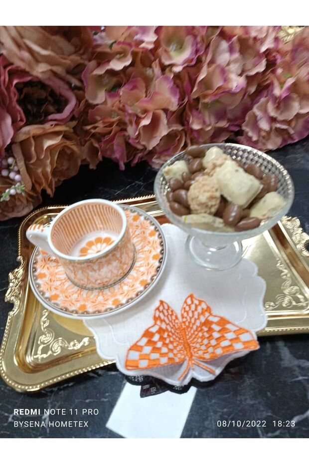 kelebek detay turuncu kokteyl peçetesi ve sunum peçetesi 1 adet - 4