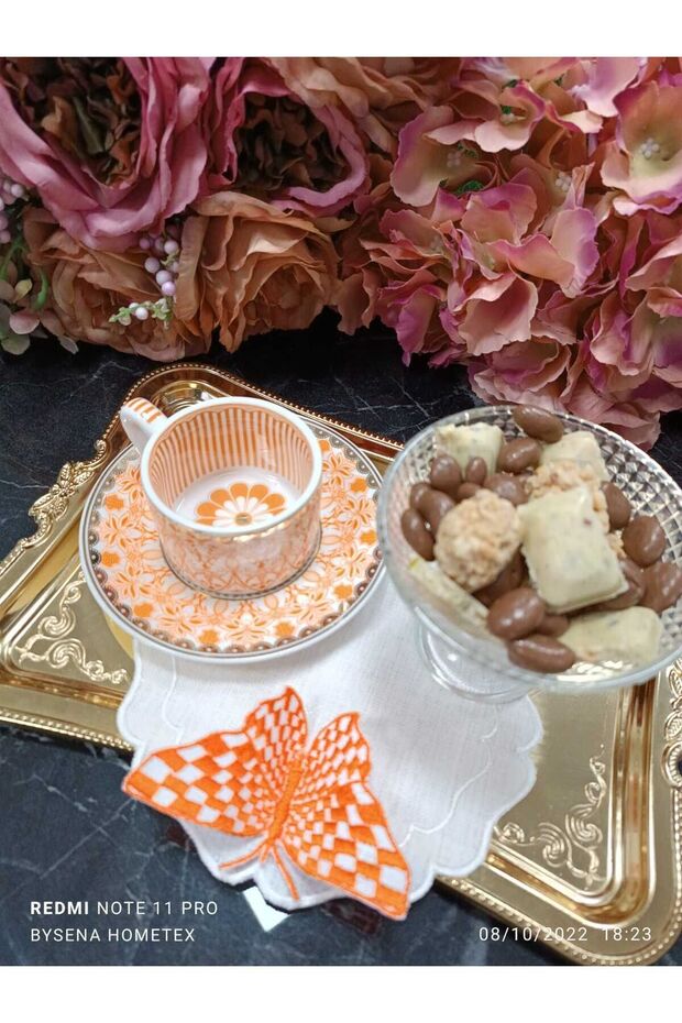 kelebek detay turuncu kokteyl peçetesi ve sunum peçetesi 1 adet - 6