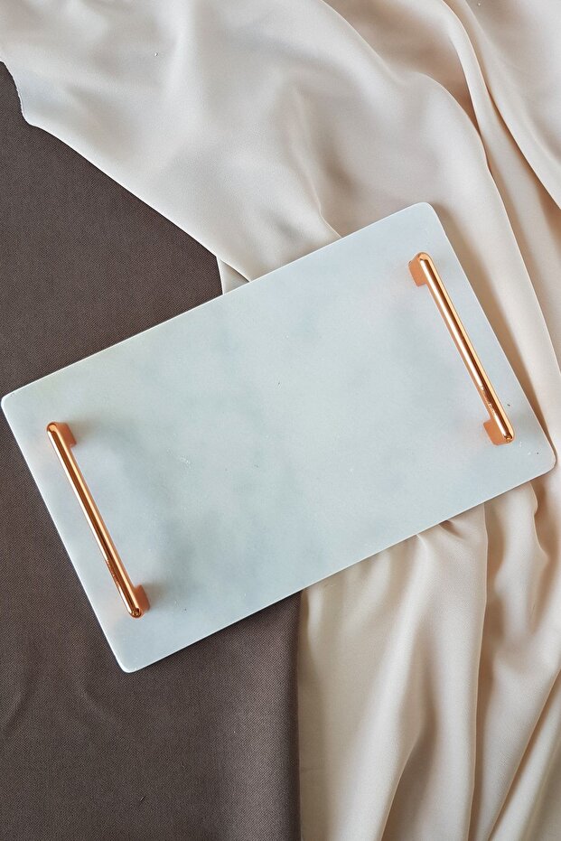 Narcissus Model Real Thin Marble Presentation Tray (32X20 CM) - Rose Gold Handle - 1