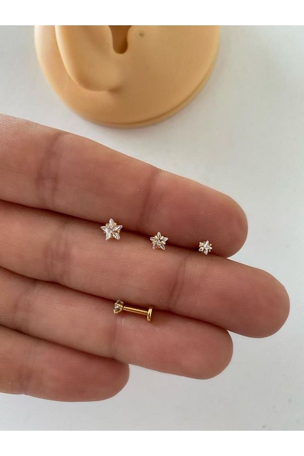 Cerrahi Çelik Tek Taş Yıldız Tragus Helix Kıkırdak Piercing - 4