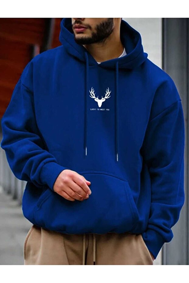 Meet You Printed Men's Hooded Kangaroo Pocket Unisex Oversize Sweatshirt