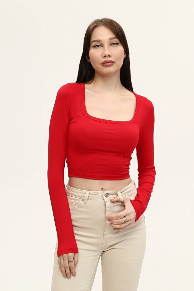 Women's Red Square Neck Long Sleeve Crop Blouse