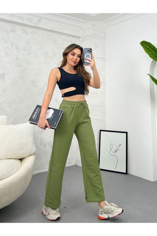 High Waist, Elastic Waist, Pocketed Flared Linen Wide Leg Summer Khaki Green Trousers