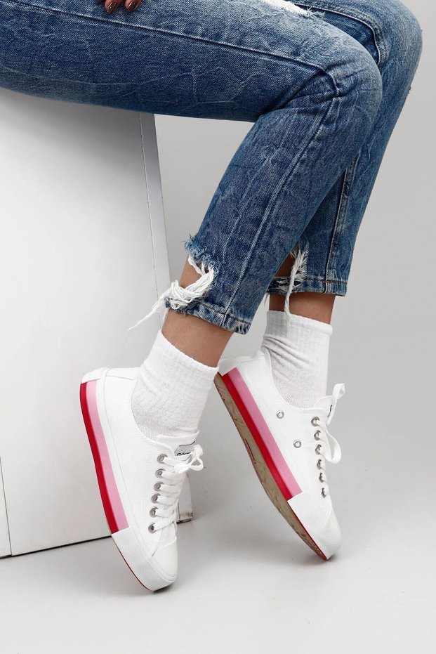 White Fuchsia Laced Women's Daily Sports Flat Sole Linen Sneaker 35233