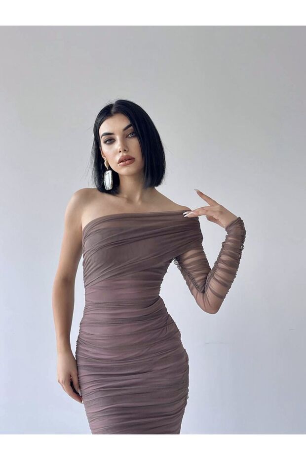 Brown One-Shoulder Tulle Draped Dress