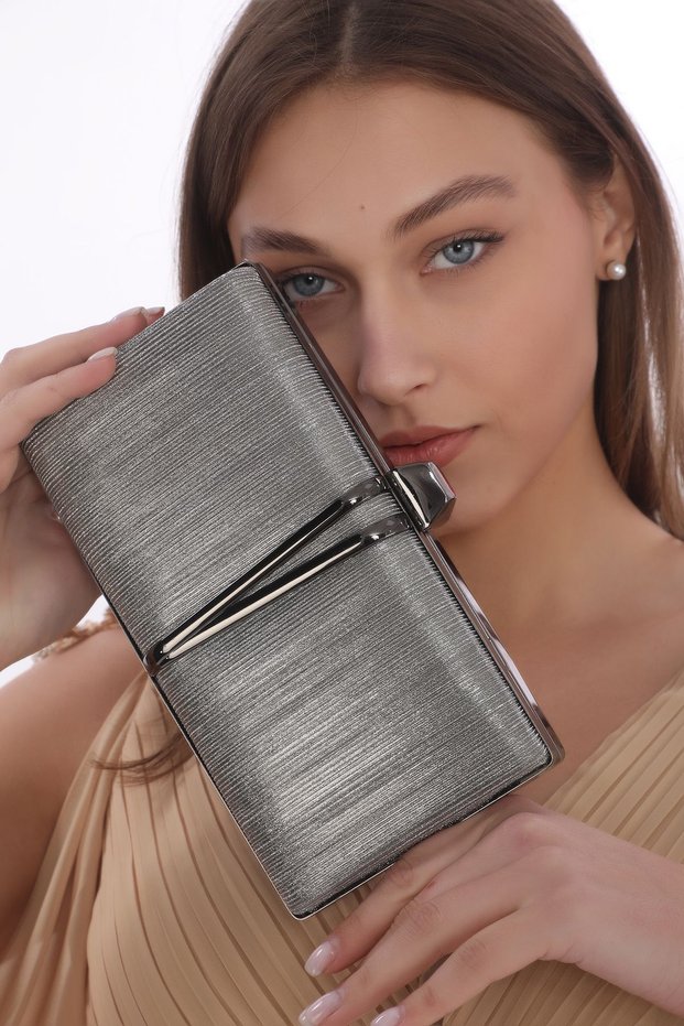 Platinum Color Laser Evening Dress Clutch Portfolio Handbag and Hanger Night Wedding Engagement Bag with Metal Accessories