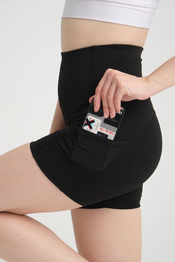 Kadın Çift Cepli Yüksek Bel Spor Şort Siyah Yoga Şort Tayt - 7