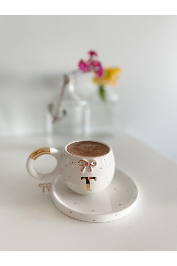 24 K Gold Gilded Double Turkish Coffee Cup with Pink Bow - Letter t -