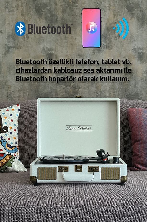 St14012 Retro Pikap Plak Çalar- Kum Beyazı - Bluetooth Ve Şarjlı - 3 Devir - Universal Iğneli - 2