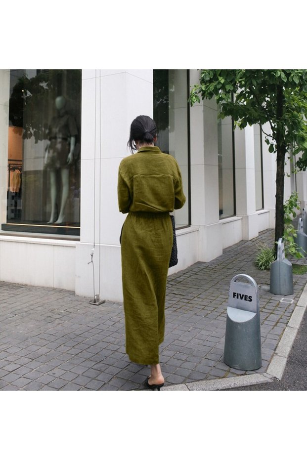 Barbora Linen Casual Comfortable Waist Tie Detailed Long Sleeve Dress Ln07Haki12