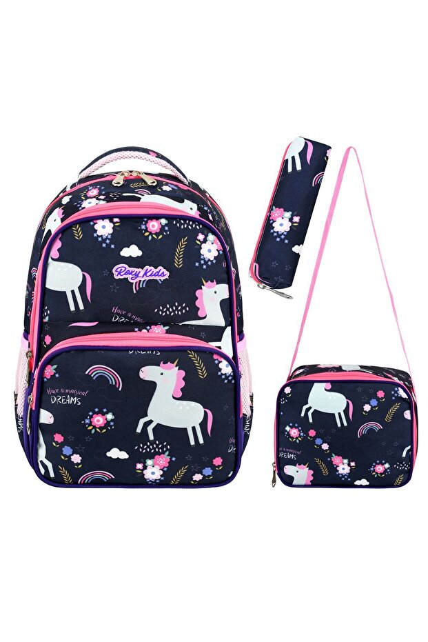 Lisanslı Unicorn Desenli İlkokul Çantası,Beslenme Çantası ve Kalem Kutusu Seti - 1