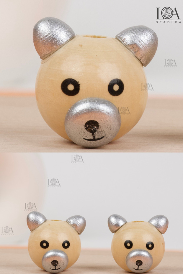 1. High Quality 3D Wooden Teddy Bear Beads - Keychain - Pacifier Chain - Accessory - Silver Ears - 2 Pieces