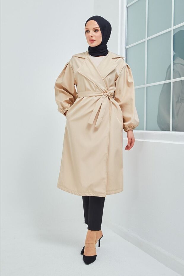 Stylish Balloon Sleeve Waist-Tied Trench Coat