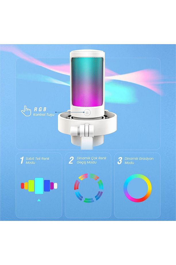 Ampligame A8 USB - Twitch - Youtuber - Yayıncı - Oyuncu - Bilgisayar RGB Mikrofonu Beyaz - 3