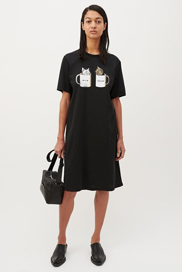 Milk and Simple Black Crew Neck Short Sleeve Above Knee Mid Length Combed Cotton Dress