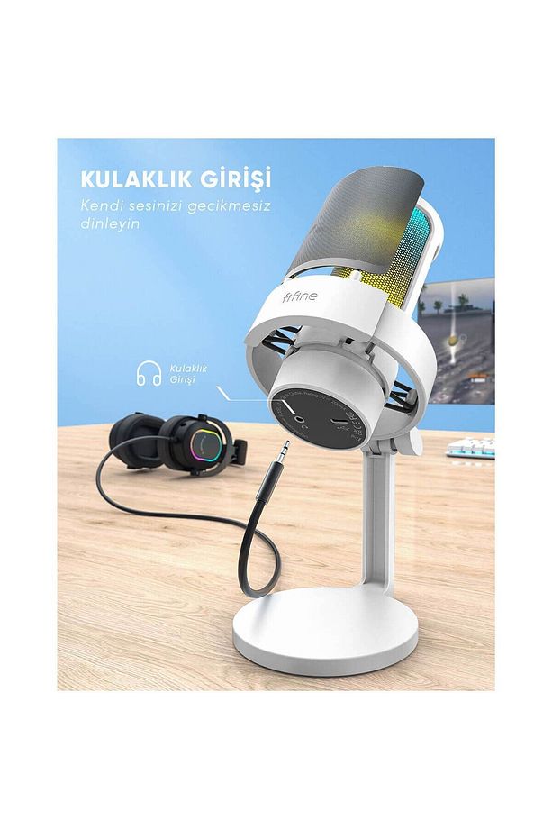 Ampligame A8 USB - Twitch - Youtuber - Yayıncı - Oyuncu - Bilgisayar RGB Mikrofonu Beyaz - 5
