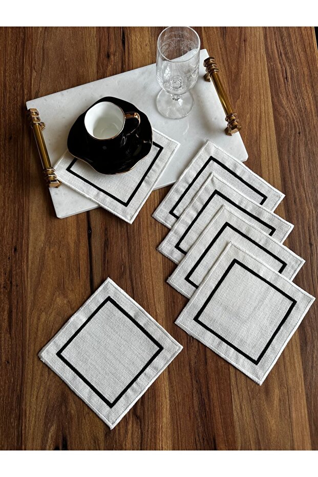 6 Pcs Suitable for Etamine Embroidery Black Embroidered Square Coffee Side Napkin, Cocktail Presentation Napkin