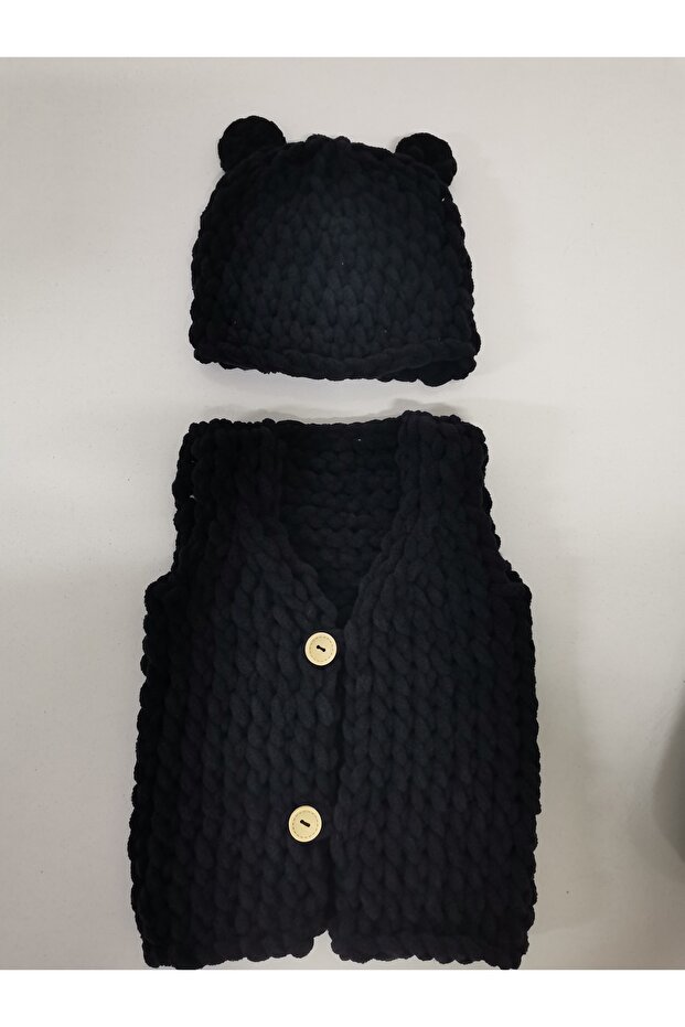 Minik Adımlar Alize Puffy El Örgüsü Yelek Ve Şapka - 3