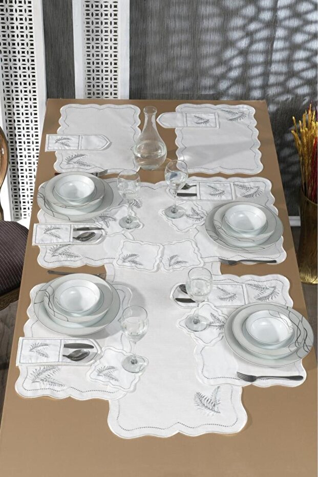 Viktori Linen Embroidered American Service Set 19 Pieces Silver
