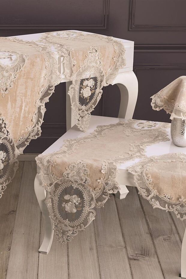 French Laced Chenille Elite Living Room Set 5 Pieces Cappucino