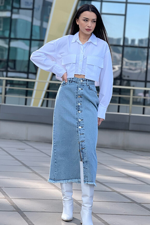 Ice Blue Tasseled Button Detailed Jean Denim Skirt
