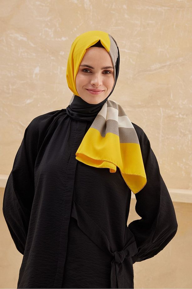CARDİON EKOSE DESENLİ KREP SARI RENGİ ŞAL - 1