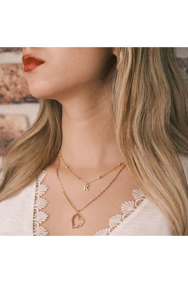 Steel Heart Necklace with Infinity and Letter Detail - Antiallergic Non-Tarnish