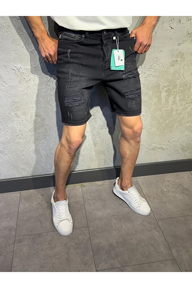 Men's Black Denim Capri Shorts & Stretch Fabric Model