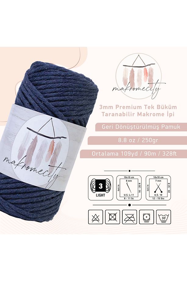 Taranan Makrome Ipi 3mm Taranabilir Pamuk Makrome Ipi Makrame Ipi Indigo Mavi - 4