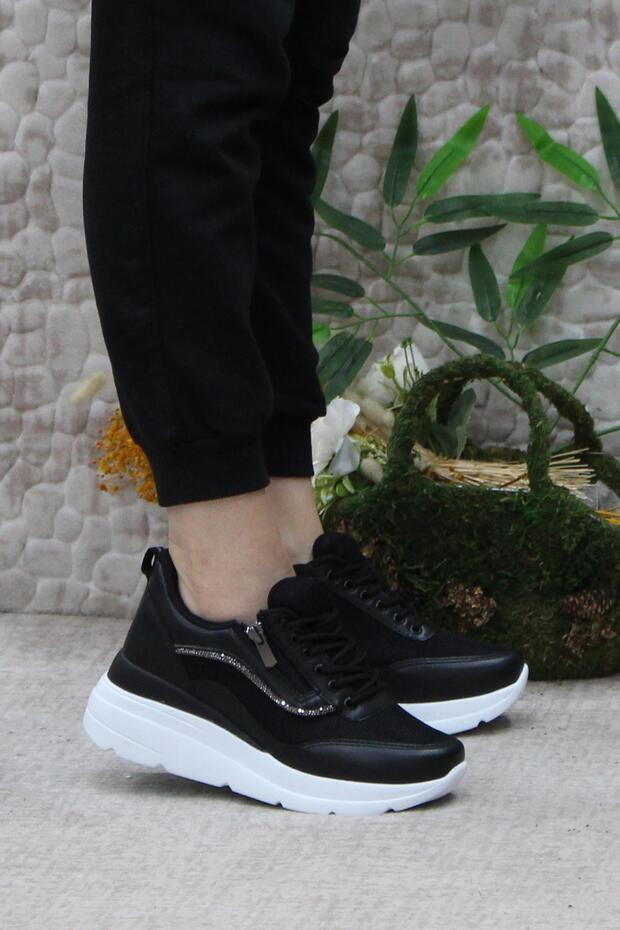 Flet 207 Black and White Zippered Lace-Up Wedge Sole Women's Sports Shoes
