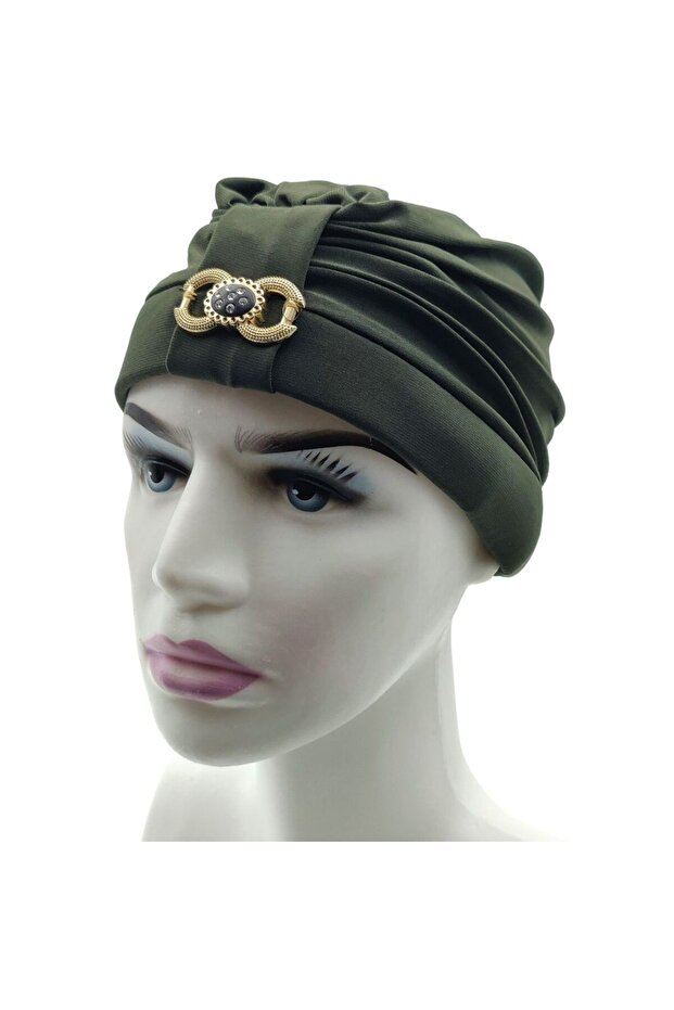 Women's Khaki Double Sided Buckle Detailed Hijab Bonnet