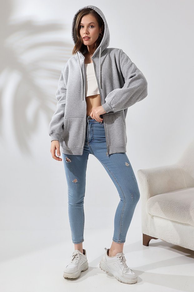 Hooded Oversize Sweatshirt with Raised Zipper 21618 Gri̇melanj