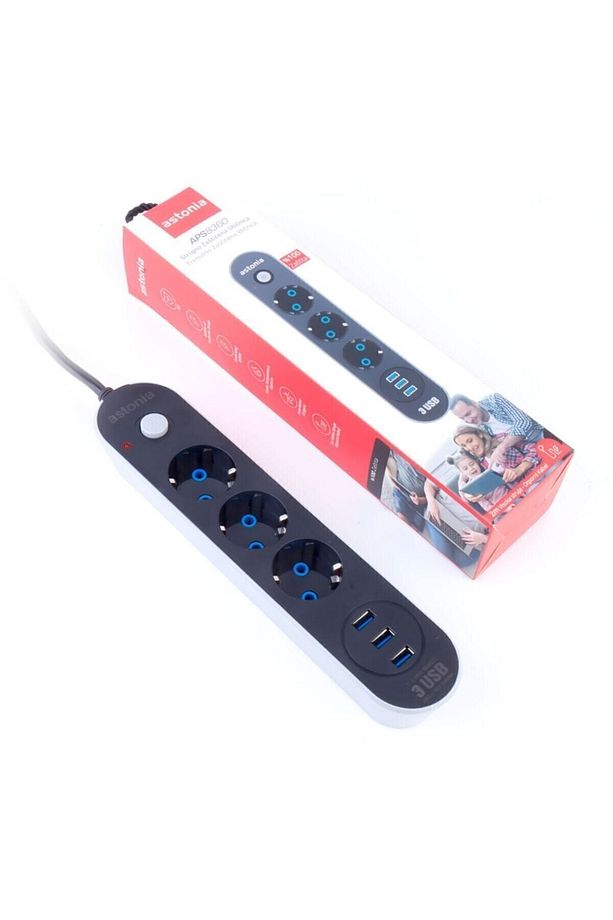 Usb Çıkışlı 3'lü 2 Metre Kablolu Akım Korumalı Priz 10a-2500 Watt - 3