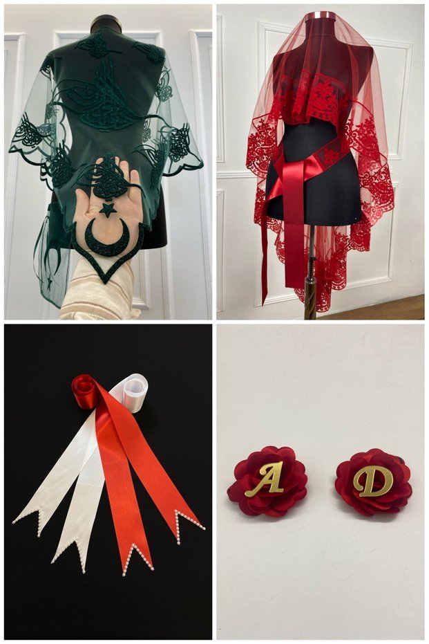 Red Bridal Veil Set, Groom Shoulder Covering, Jewelry Ribbon, Hand Rose, Henna Veil Shawl,10 Pieces