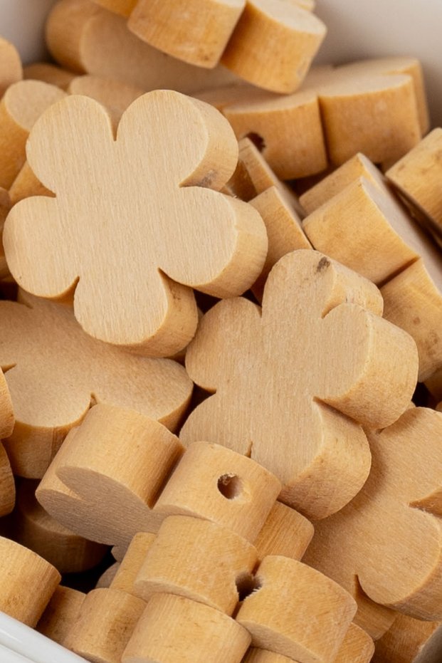 1st Quality Raw Wood Object - Wooden Beads - Pacifier Chain - Keychain Accessory - Daisy Motif - 5 Pieces