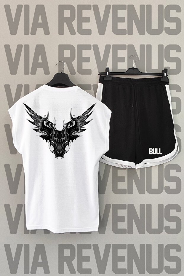 Bull Printed White Zero Sleeve Tshirt and Black Shorts Sports Set
