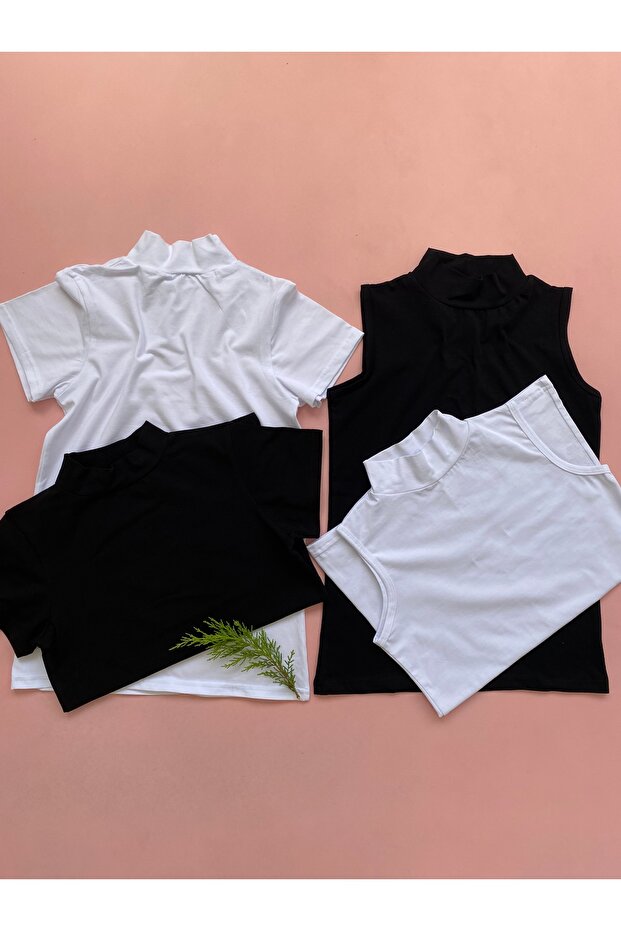Women's Cotton Lycra 2 Short Sleeve, 2 Zero Sleeve Black and White Turtleneck Undershirt- Body
