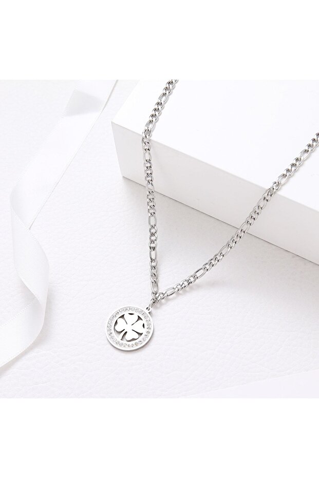 Zircon Stone Clover Stainless Steel Silver Necklace