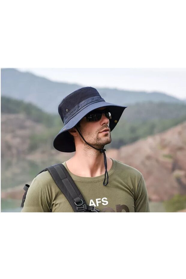 Snap Buttoned Hiking and Hunting Panama Hat (With Mesh) (Unisex) (Navy Blue)