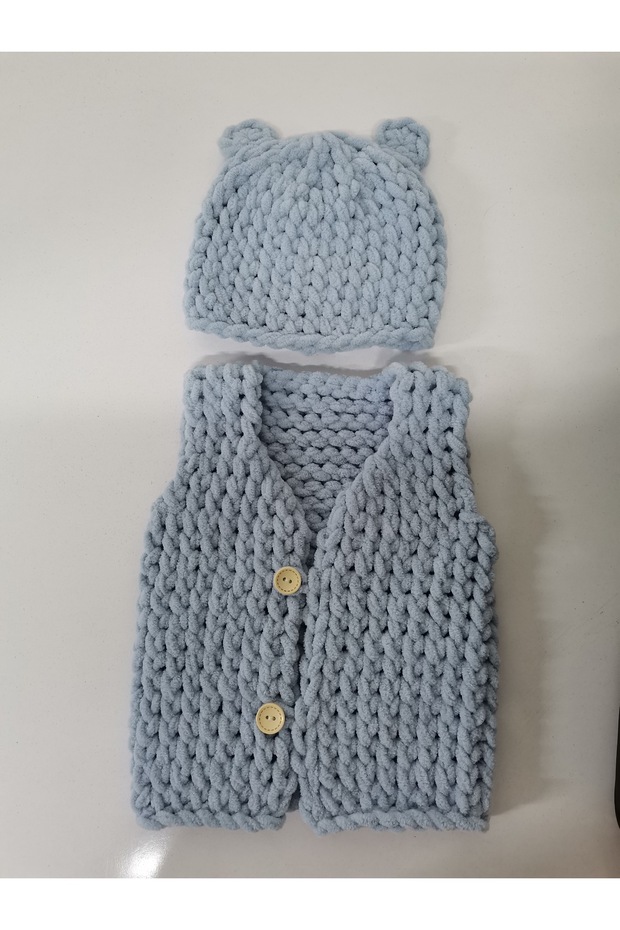 Minik Adımlar Alize Puffy El Örgüsü Yelek Ve Şapka - 1