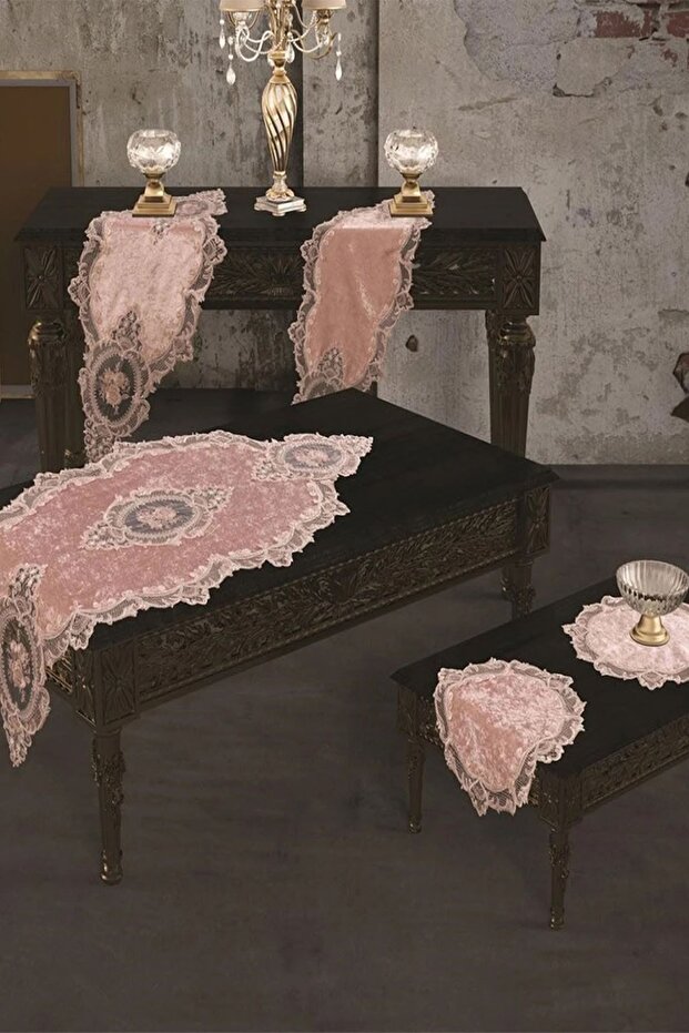 French Laced Velvet Elite Living Room Set 5 Pieces Powder