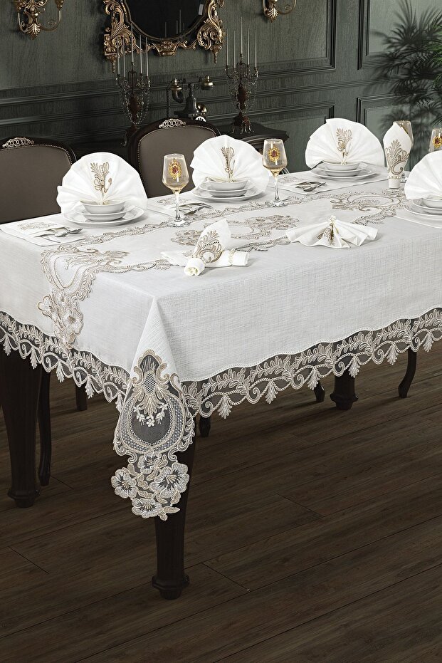 Gülfem 8-Person Tablecloth Set Cream Cappucino