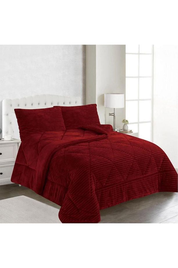 Ece Stripe Çift Kişilik Pelüş Yatak Örtüsü Bordo - 3