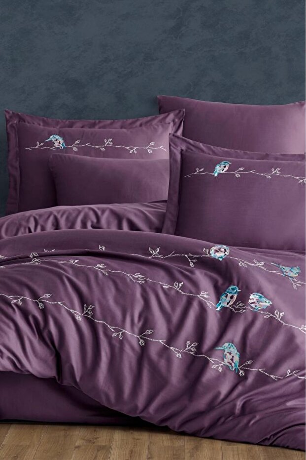 Vogel Embroidered 100% Cotton Satin Double Duvet Cover Set Plum